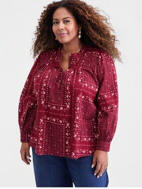 Smocked  Peasant Patchwork Print Blouse Top in Deep Red NWT